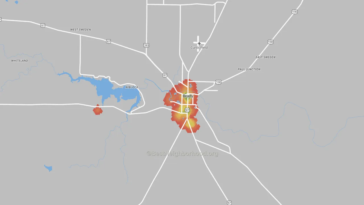 Walk Grade map of 76825, TX, walkable areas in green and car-dependent areas in red