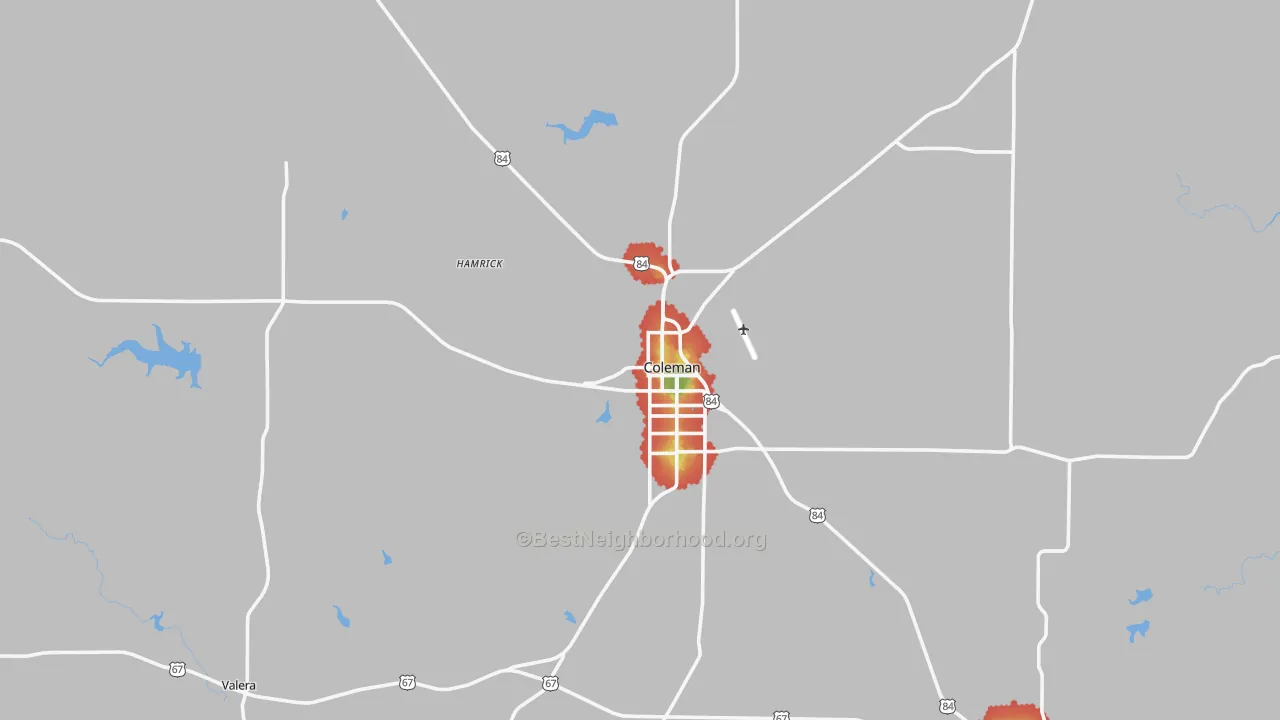 Walk Grade map of 76834, TX, walkable areas in green and car-dependent areas in red