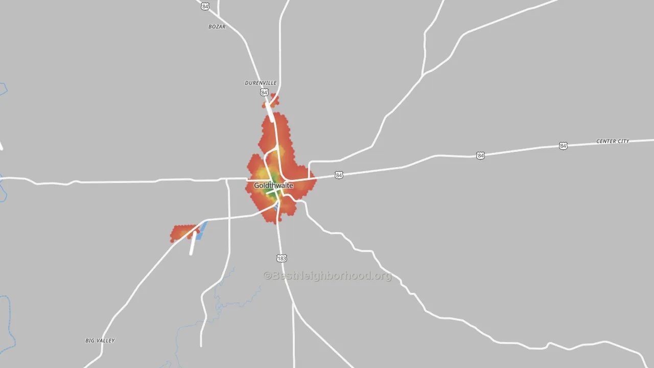 Walk Grade map of 76844, TX, walkable areas in green and car-dependent areas in red