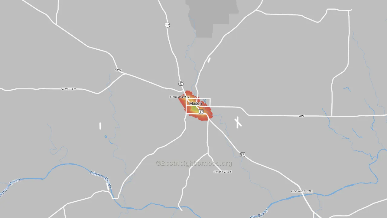 Walk Grade map of 76856, TX, walkable areas in green and car-dependent areas in red