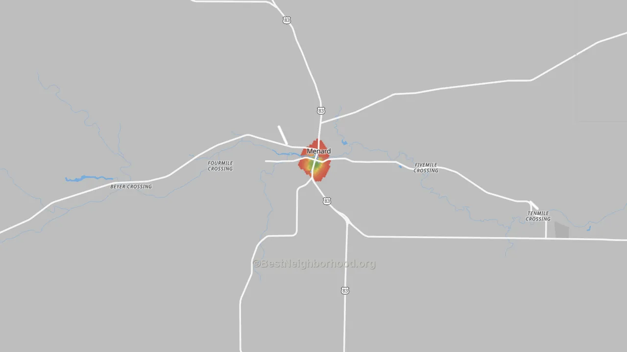 Walk Grade map of 76859, TX, walkable areas in green and car-dependent areas in red