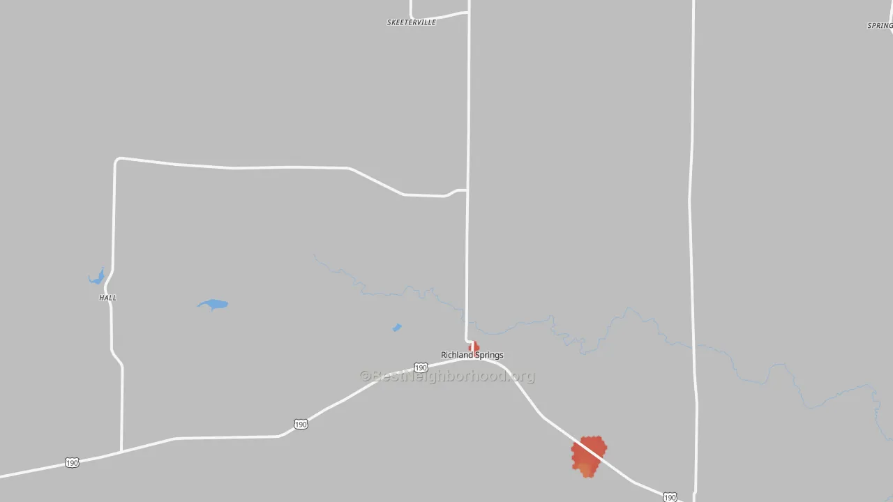 Walk Grade map of 76871, TX, walkable areas in green and car-dependent areas in red