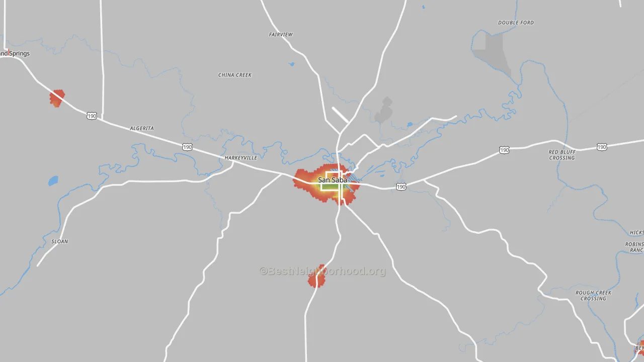 Walk Grade map of 76877, TX, walkable areas in green and car-dependent areas in red