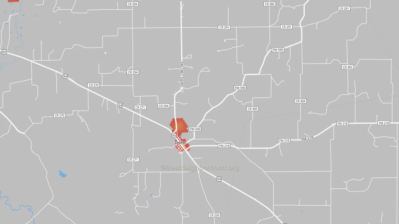 Walk Grade map of 76890, TX, walkable areas in green and car-dependent areas in red