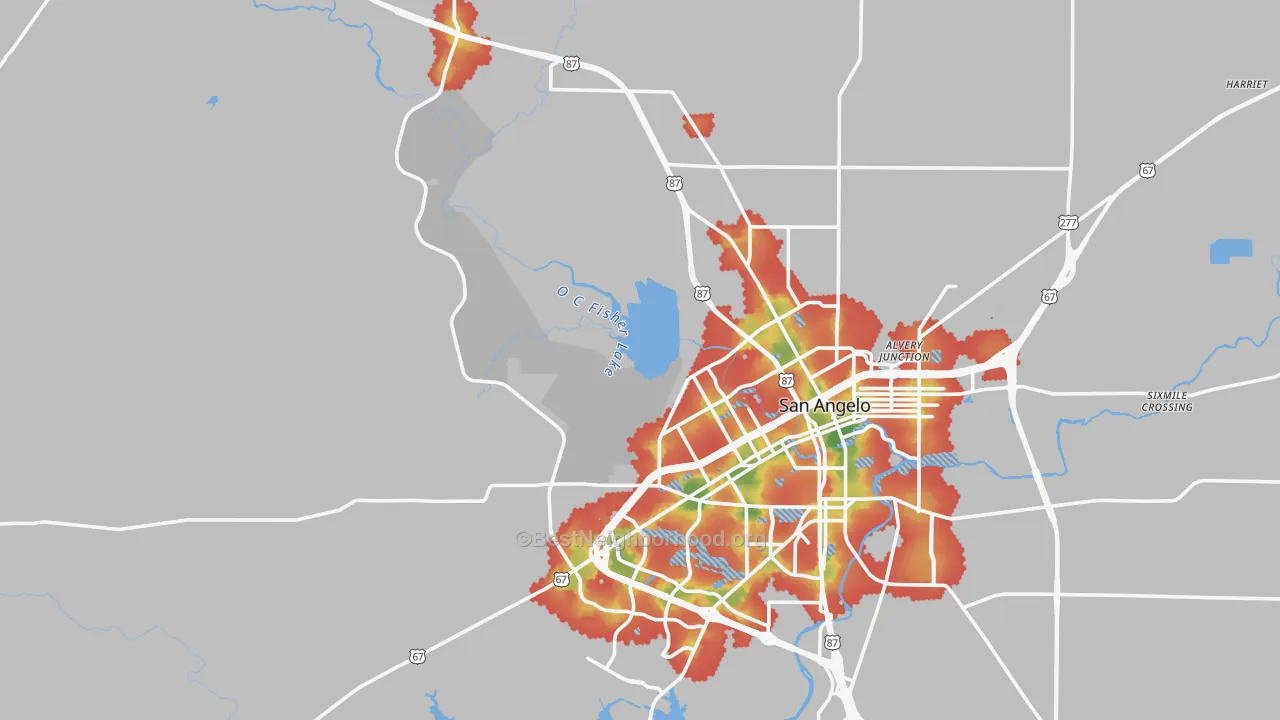 Walk Grade map of 76901, TX, walkable areas in green and car-dependent areas in red