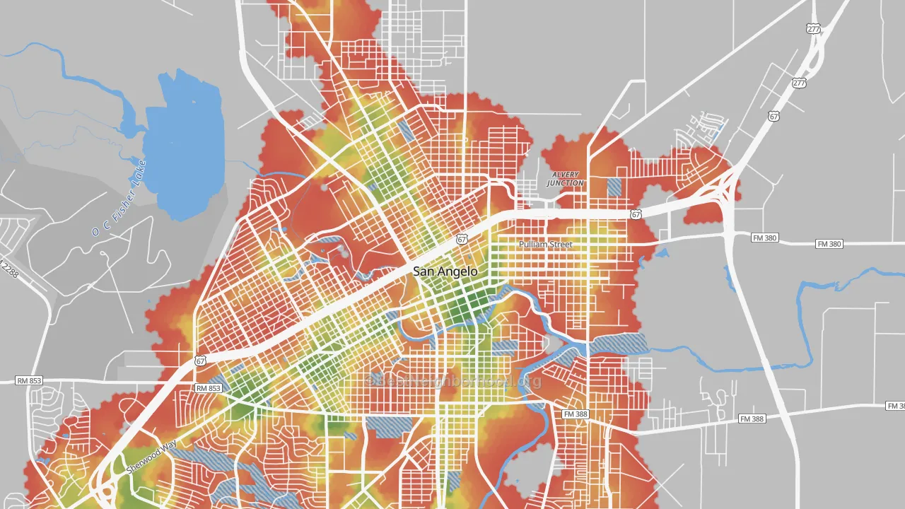 Walk Grade map of 76903, TX, walkable areas in green and car-dependent areas in red