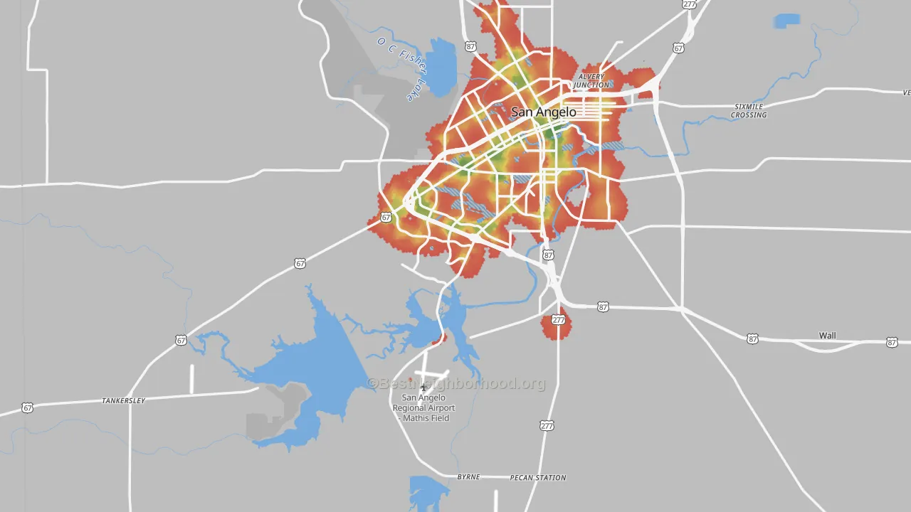 Walk Grade map of 76904, TX, walkable areas in green and car-dependent areas in red