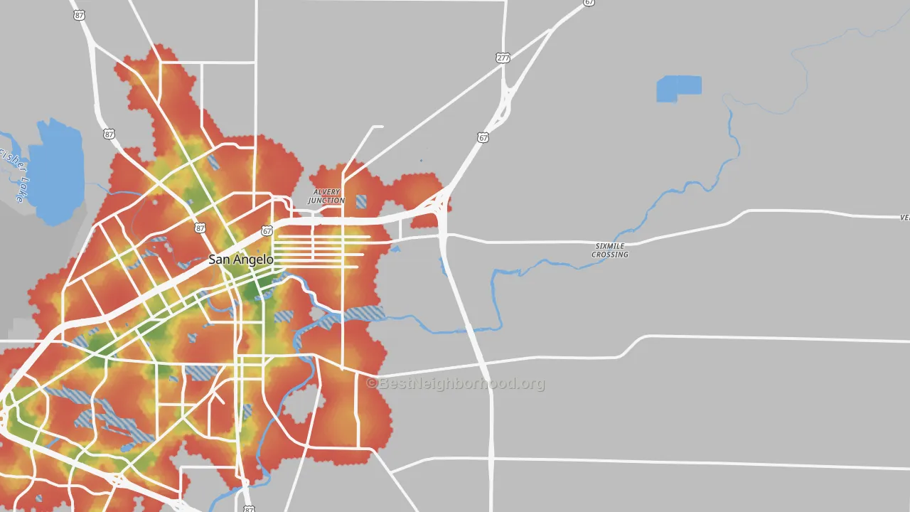 Walk Grade map of 76905, TX, walkable areas in green and car-dependent areas in red