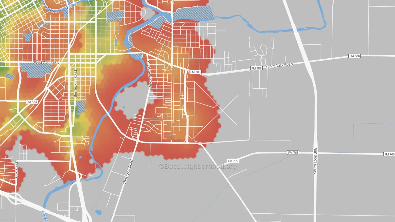 Walk Grade map of 76908, TX, walkable areas in green and car-dependent areas in red