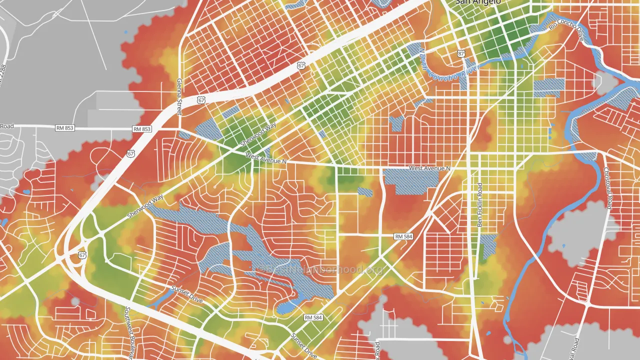 Walk Grade map of 76909, TX, walkable areas in green and car-dependent areas in red