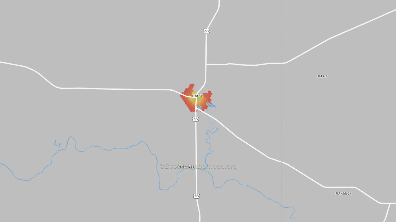 Walk Grade map of 76933, TX, walkable areas in green and car-dependent areas in red