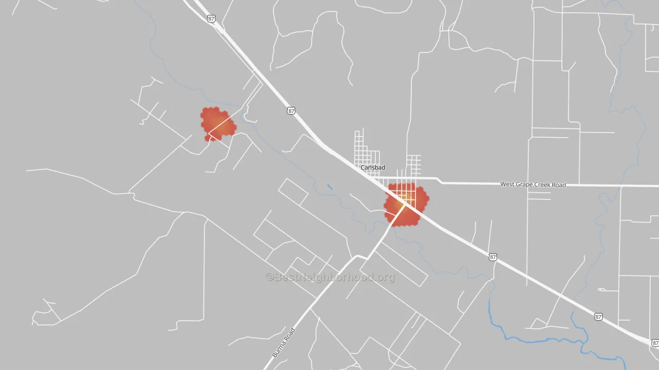 Walk Grade map of 76934, TX, walkable areas in green and car-dependent areas in red