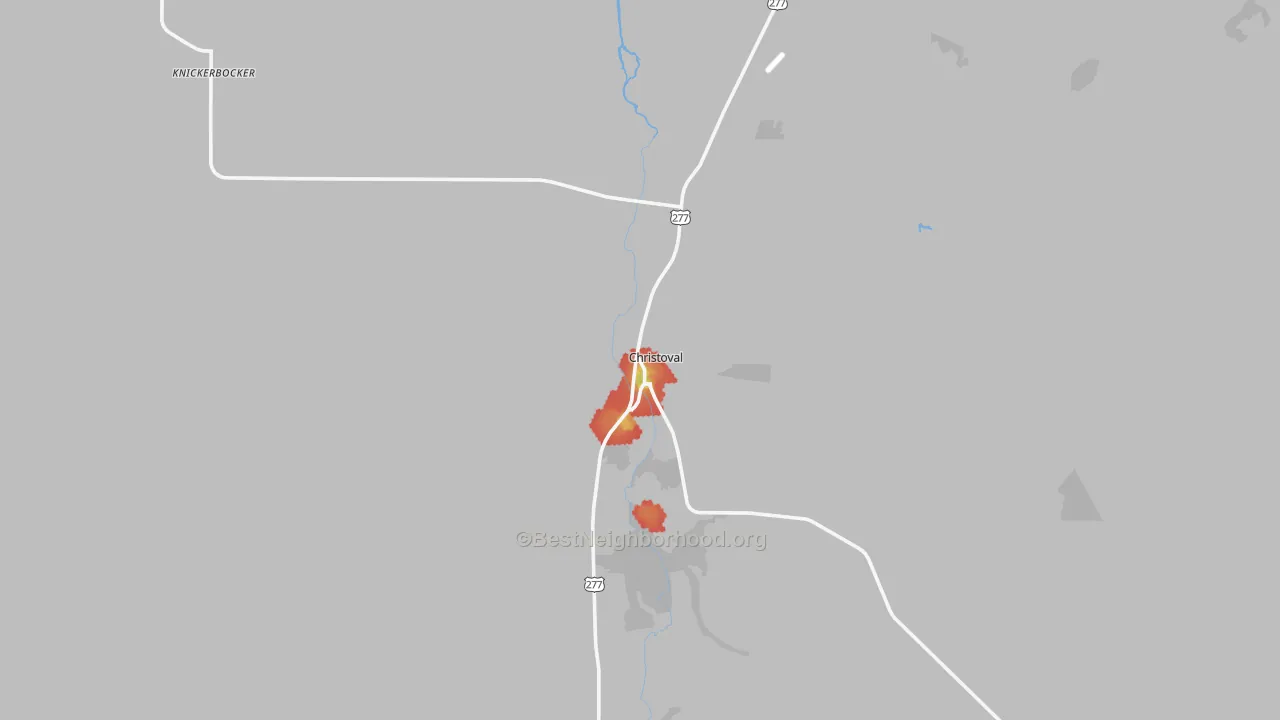 Walk Grade map of 76935, TX, walkable areas in green and car-dependent areas in red