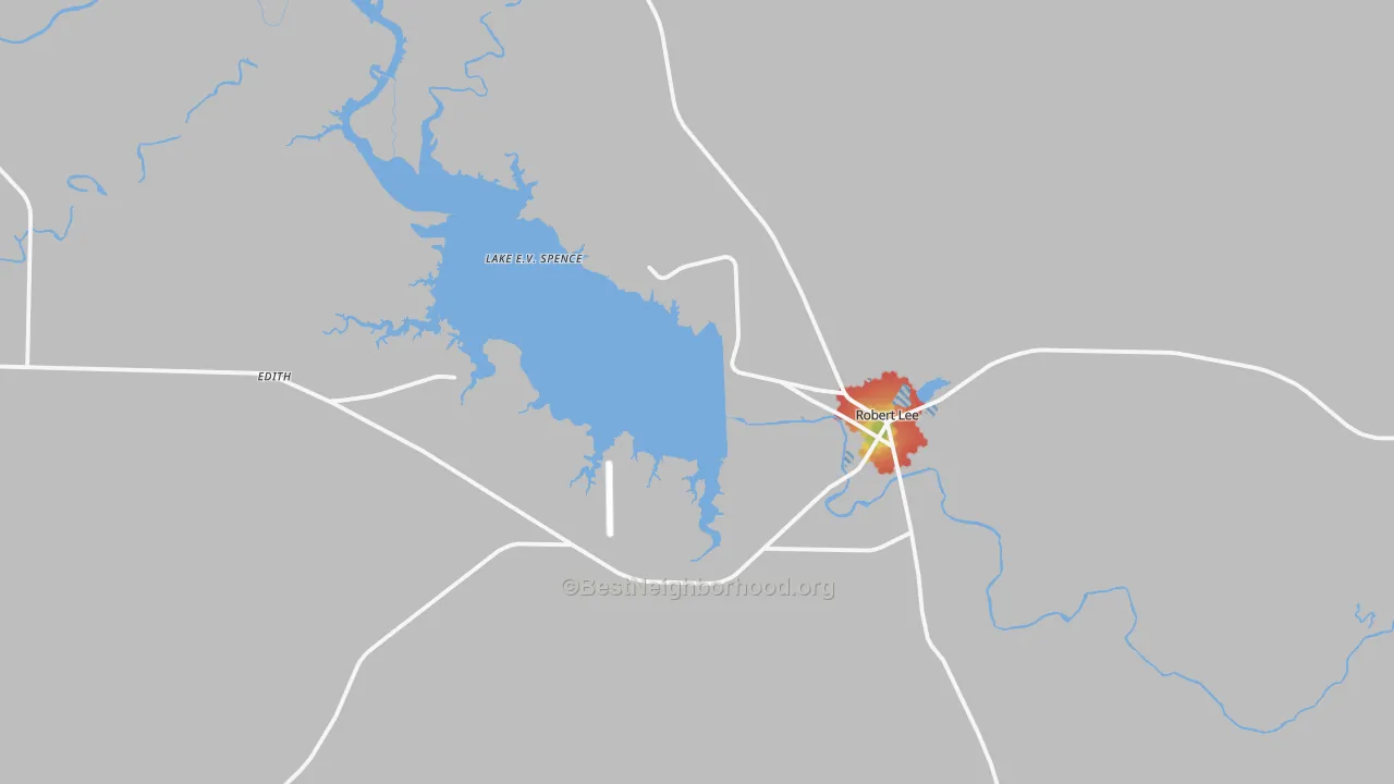 Walk Grade map of 76945, TX, walkable areas in green and car-dependent areas in red