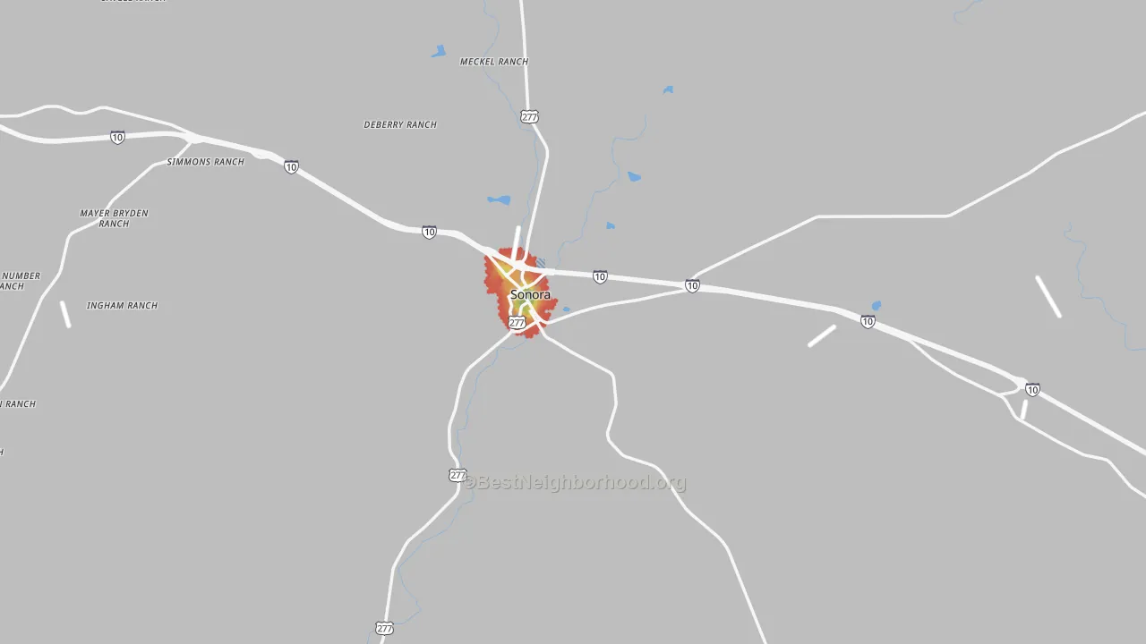 Walk Grade map of 76950, TX, walkable areas in green and car-dependent areas in red