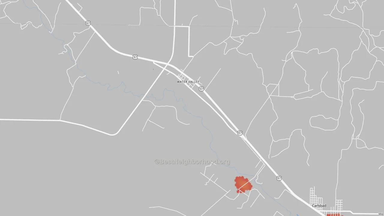 Walk Grade map of 76958, TX, walkable areas in green and car-dependent areas in red