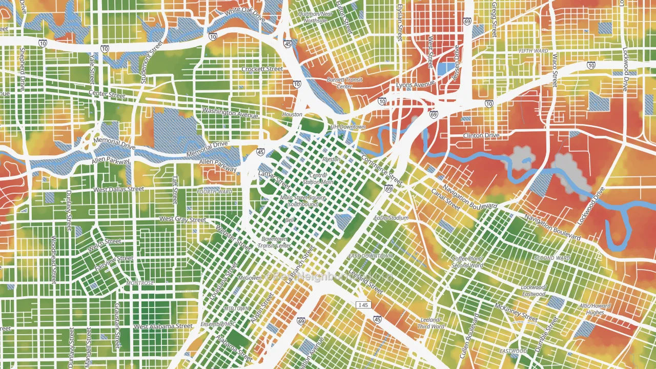 Walk Grade map of 77002, TX, walkable areas in green and car-dependent areas in red