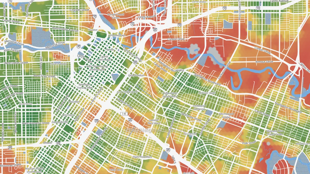 Walk Grade map of 77003, TX, walkable areas in green and car-dependent areas in red