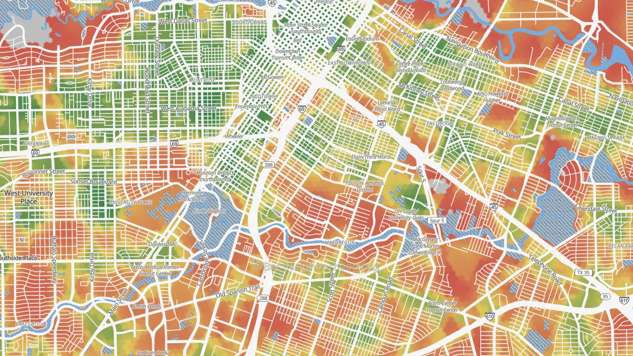 Walk Grade map of 77004, TX, walkable areas in green and car-dependent areas in red