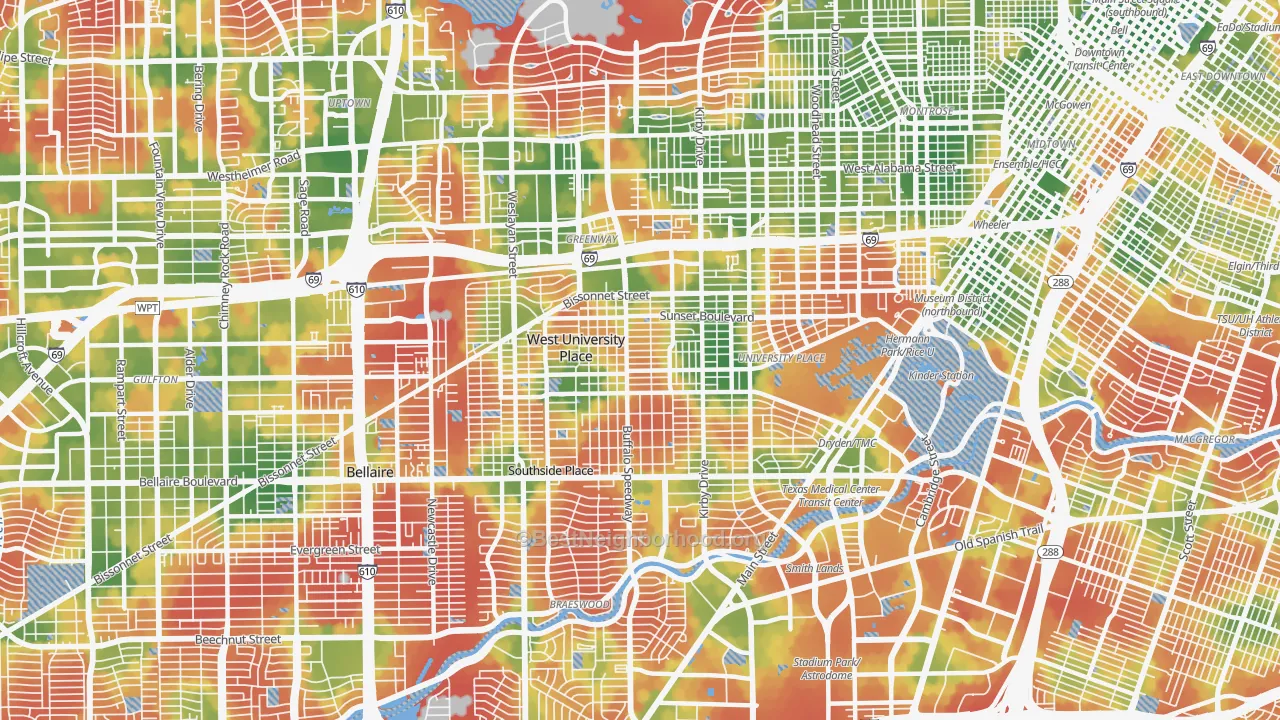 Walk Grade map of 77005, TX, walkable areas in green and car-dependent areas in red
