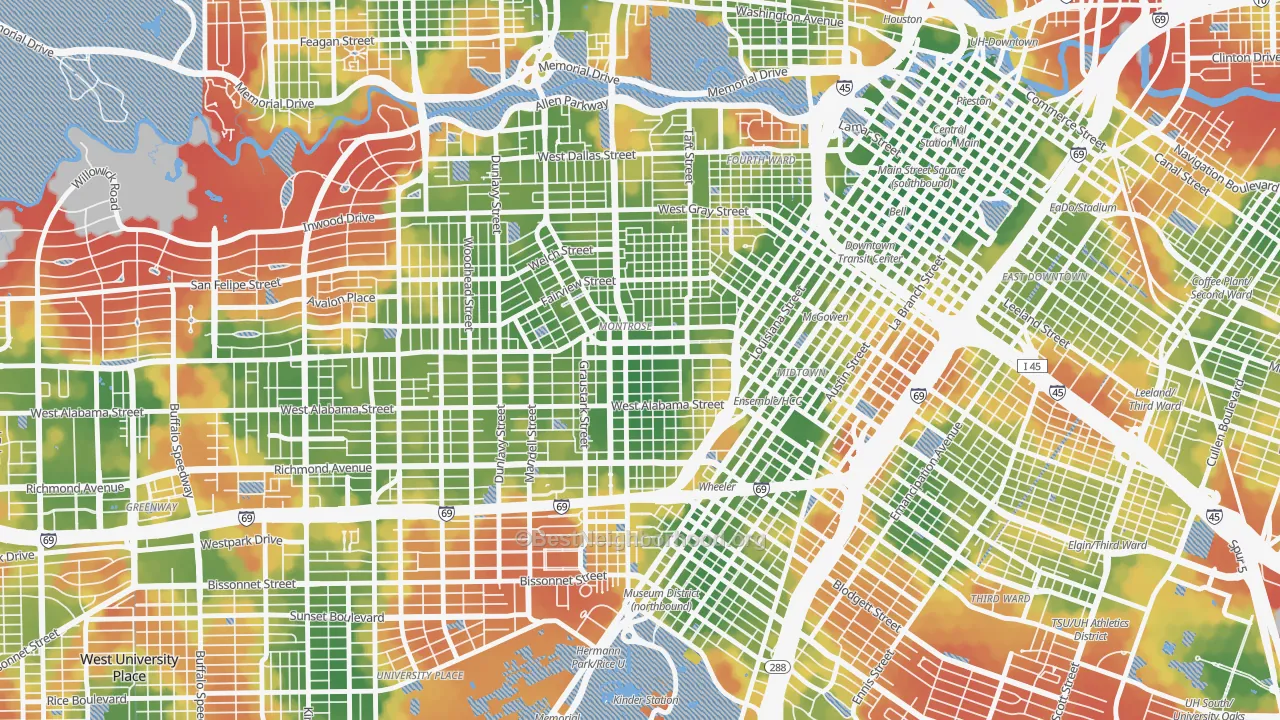 Walk Grade map of 77006, TX, walkable areas in green and car-dependent areas in red