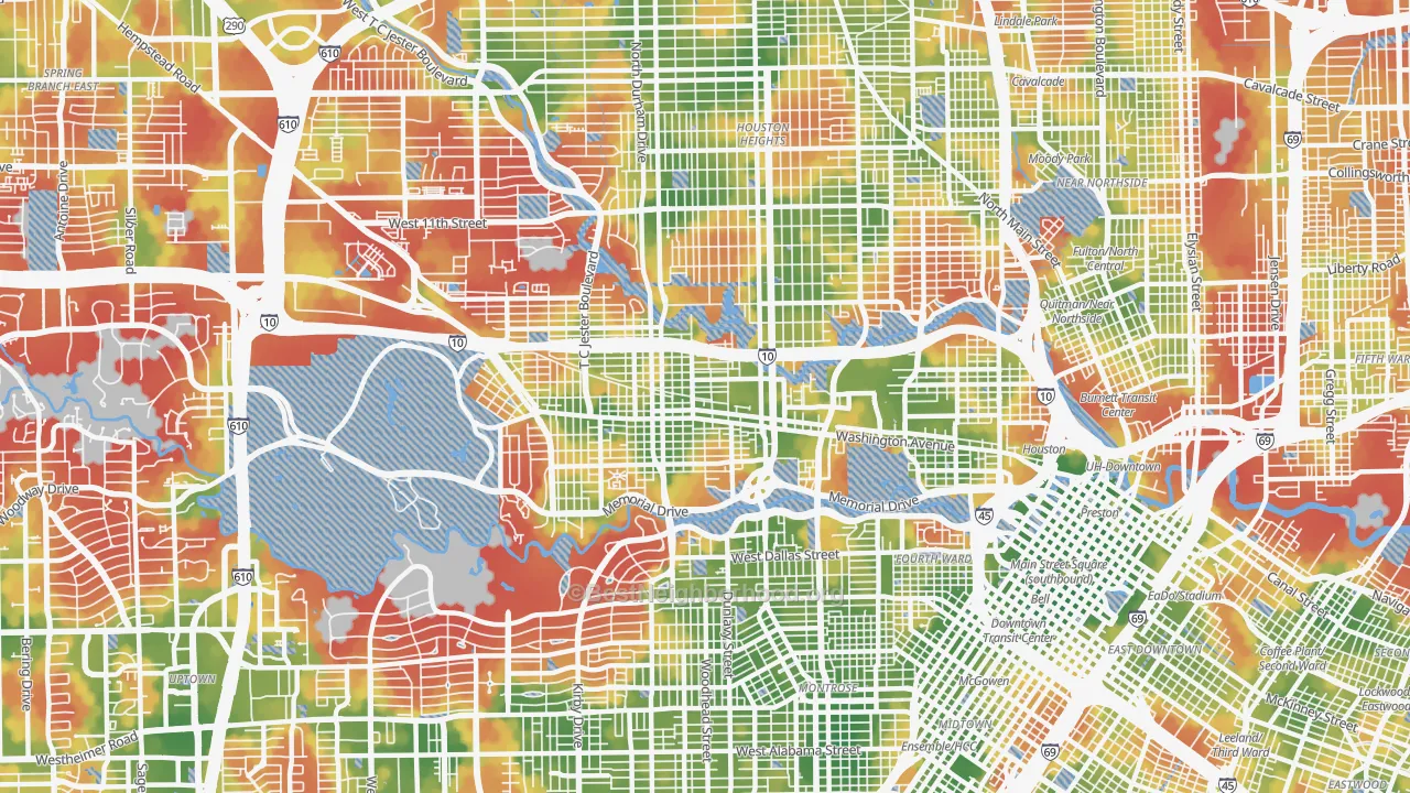 Walk Grade map of 77007, TX, walkable areas in green and car-dependent areas in red