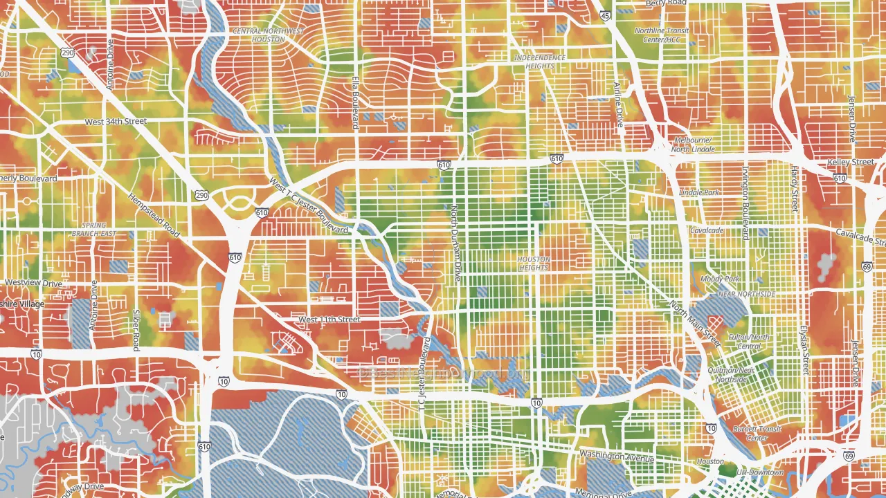 Walk Grade map of 77008, TX, walkable areas in green and car-dependent areas in red