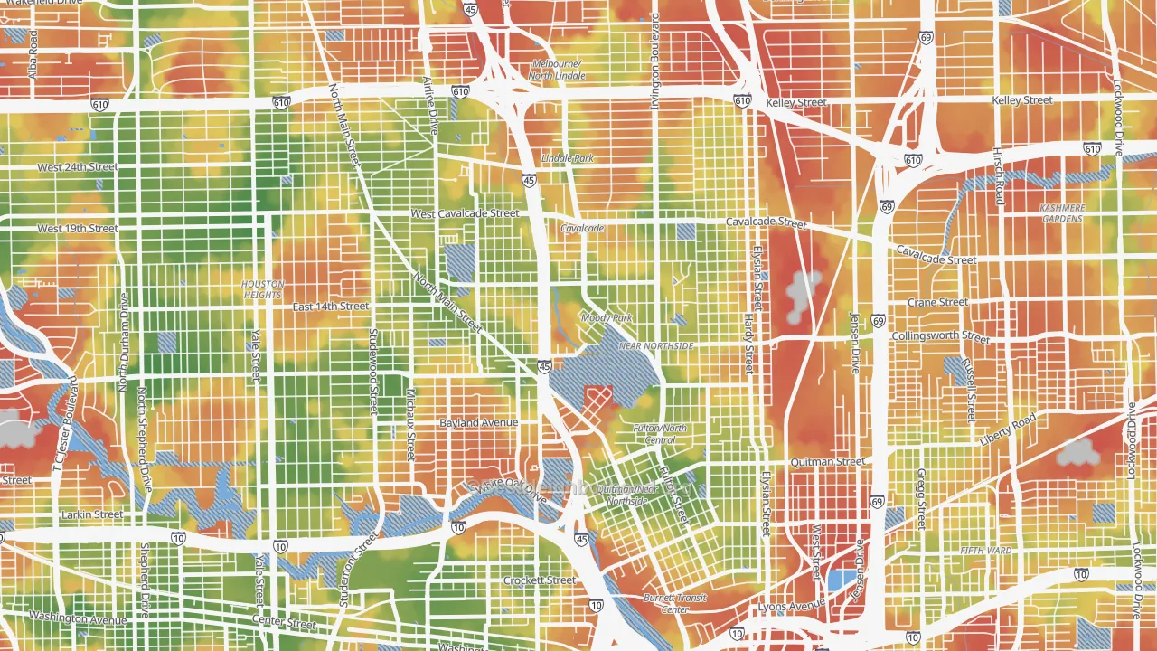 Walk Grade map of 77009, TX, walkable areas in green and car-dependent areas in red