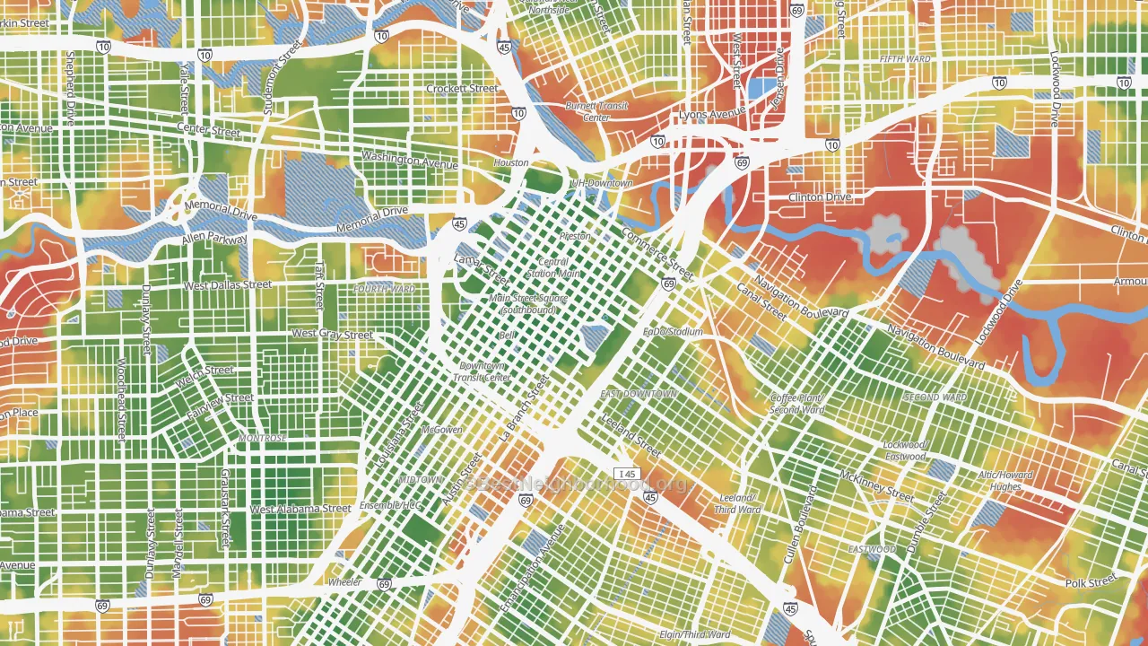 Walk Grade map of 77010, TX, walkable areas in green and car-dependent areas in red