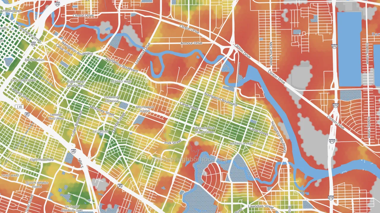 Walk Grade map of 77011, TX, walkable areas in green and car-dependent areas in red