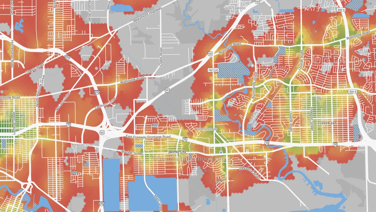 Walk Grade map of 77013, TX, walkable areas in green and car-dependent areas in red