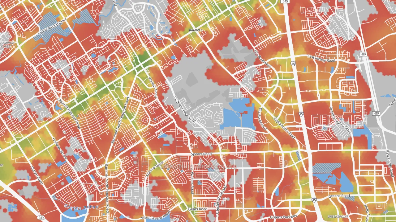 Walk Grade map of 77014, TX, walkable areas in green and car-dependent areas in red
