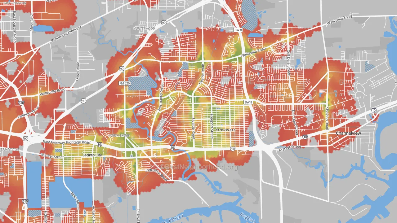 Walk Grade map of 77015, TX, walkable areas in green and car-dependent areas in red