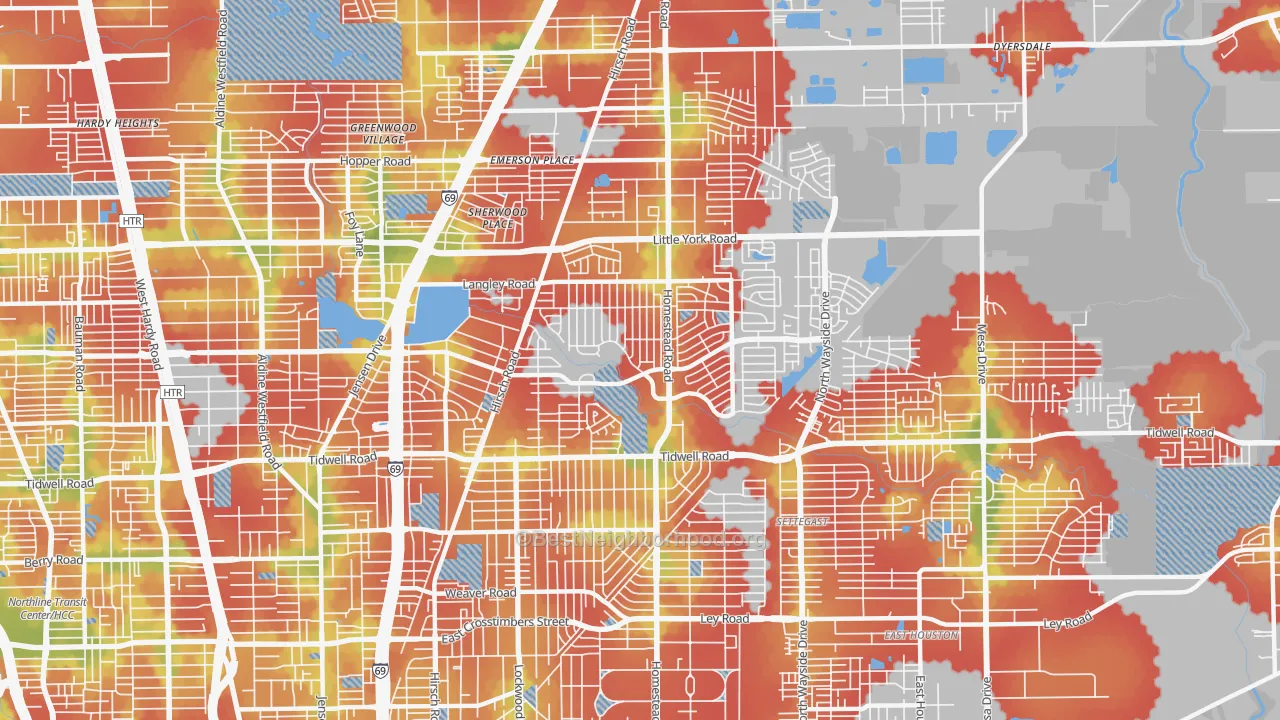 Walk Grade map of 77016, TX, walkable areas in green and car-dependent areas in red
