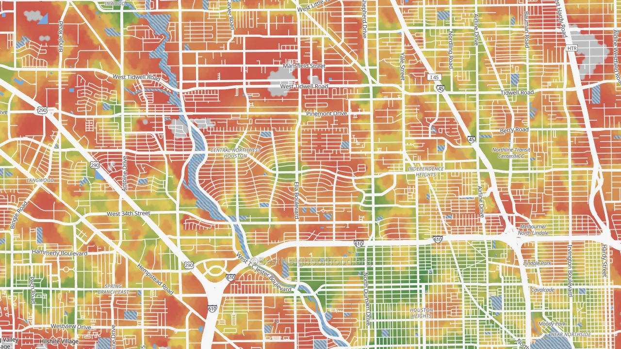 Walk Grade map of 77018, TX, walkable areas in green and car-dependent areas in red