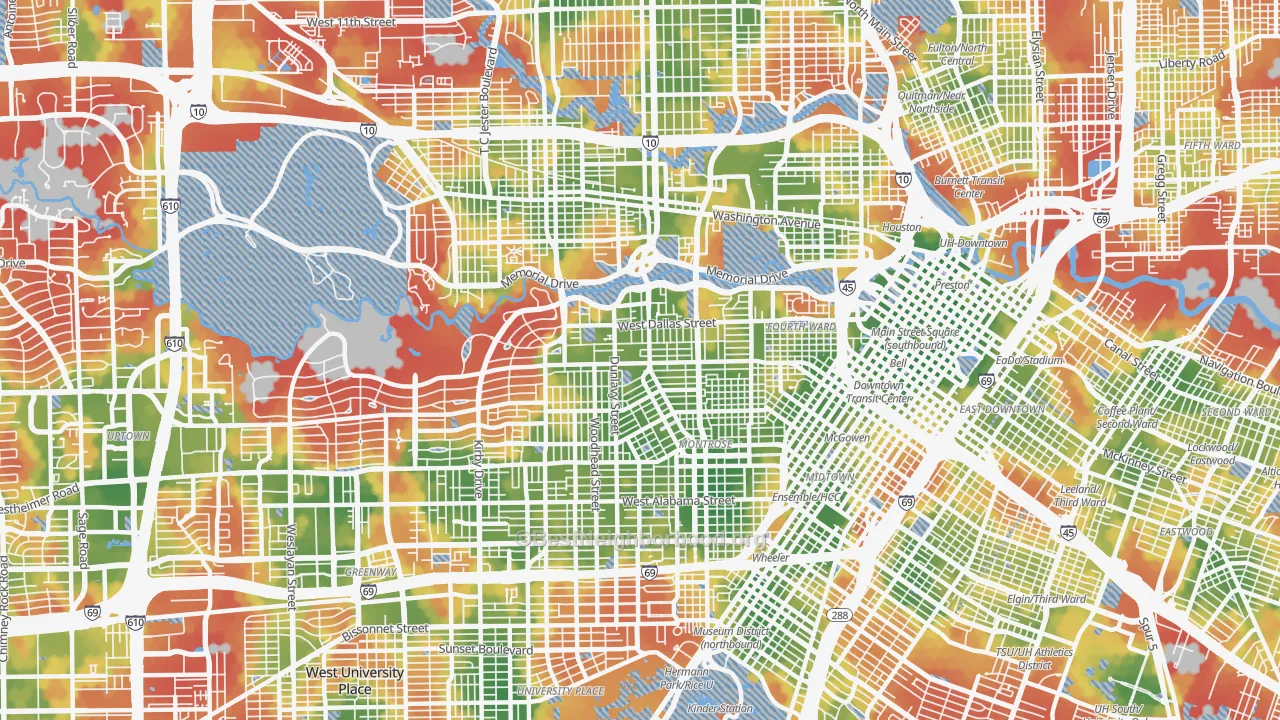 Walk Grade map of 77019, TX, walkable areas in green and car-dependent areas in red