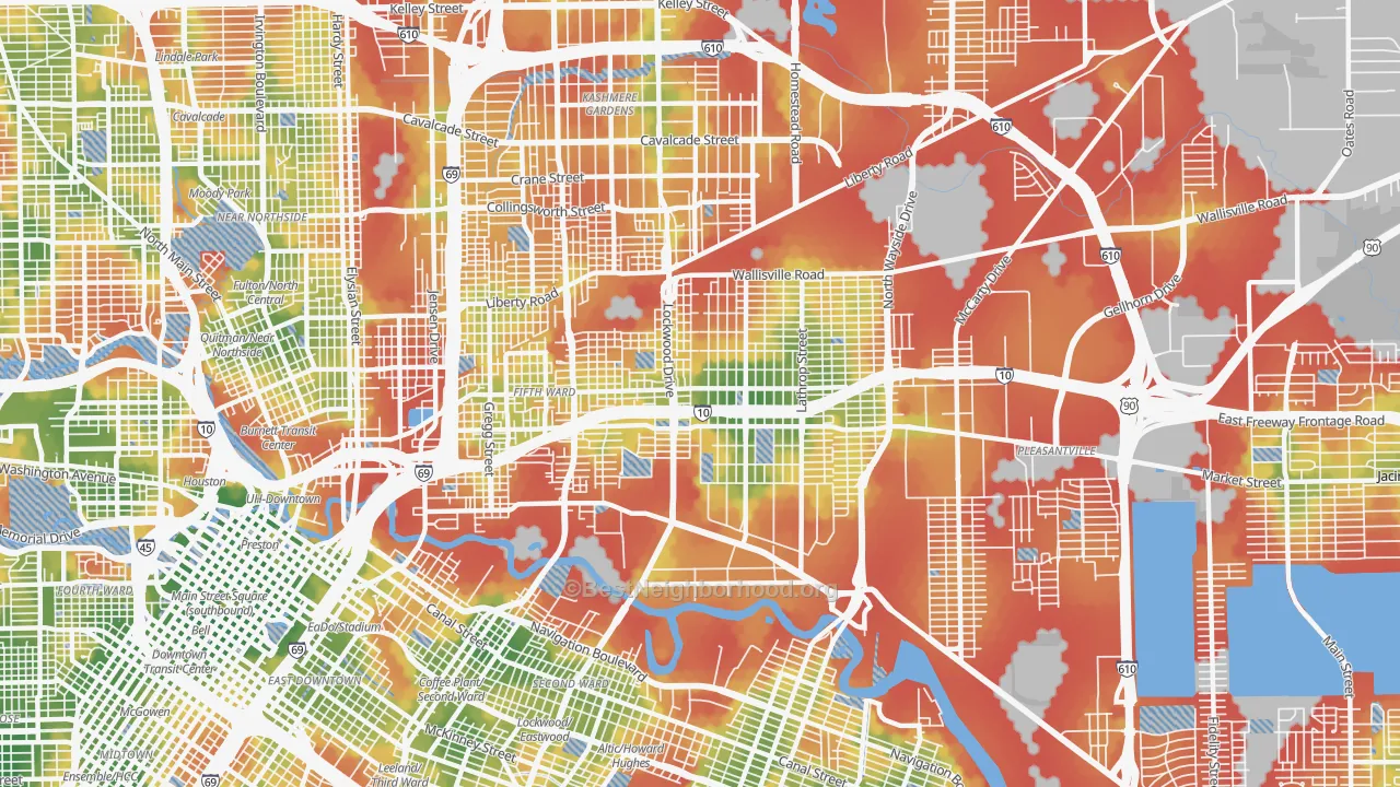 Walk Grade map of 77020, TX, walkable areas in green and car-dependent areas in red