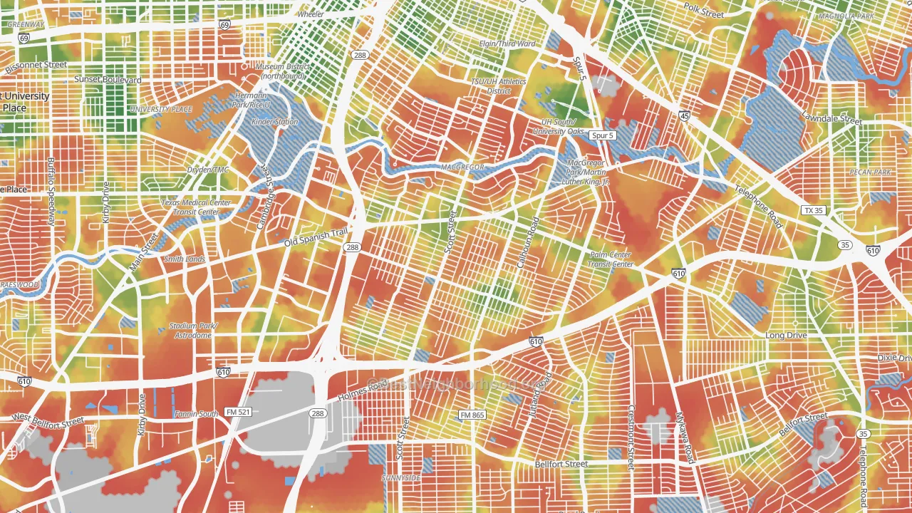 Walk Grade map of 77021, TX, walkable areas in green and car-dependent areas in red
