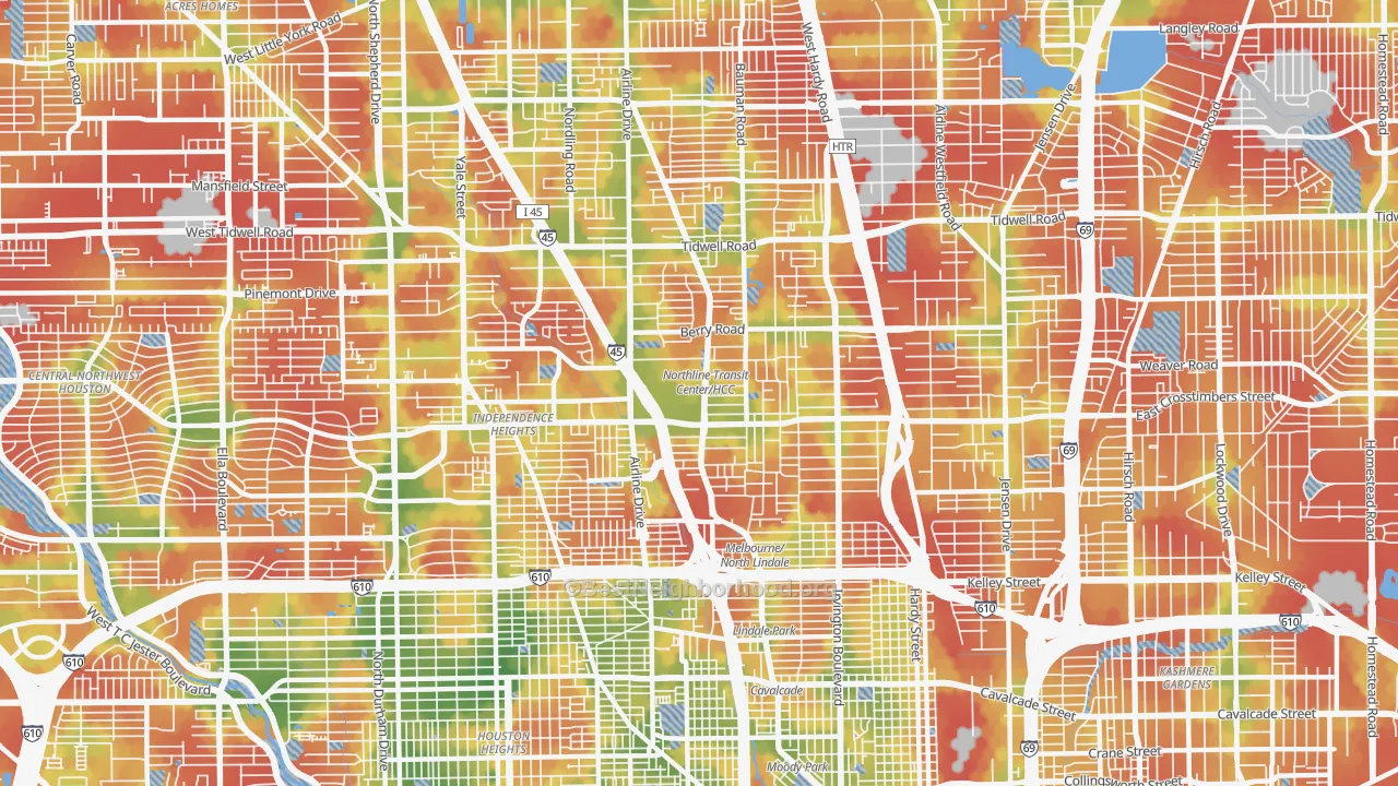 Walk Grade map of 77022, TX, walkable areas in green and car-dependent areas in red
