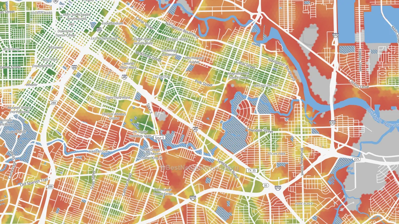 Walk Grade map of 77023, TX, walkable areas in green and car-dependent areas in red
