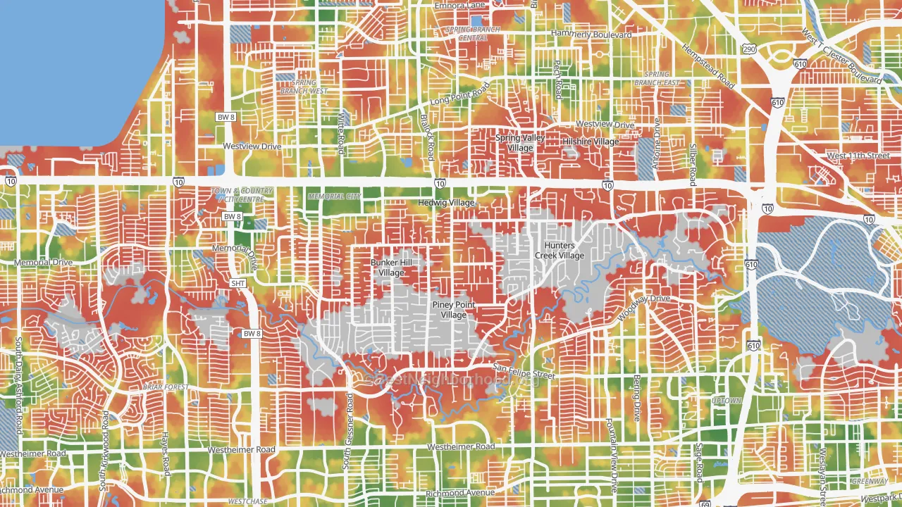 Walk Grade map of 77024, TX, walkable areas in green and car-dependent areas in red