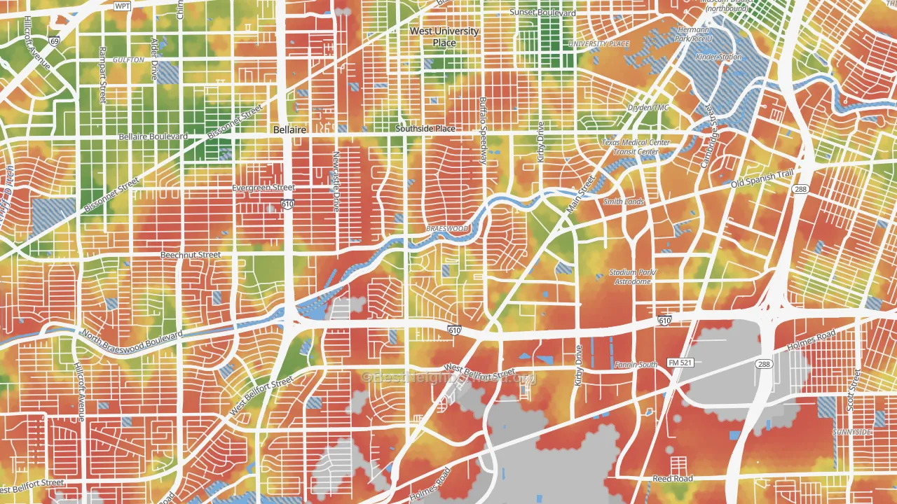 Walk Grade map of 77025, TX, walkable areas in green and car-dependent areas in red