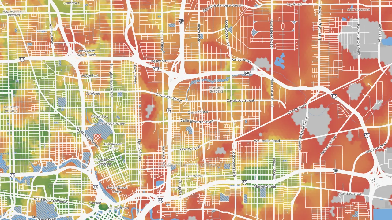 Walk Grade map of 77026, TX, walkable areas in green and car-dependent areas in red