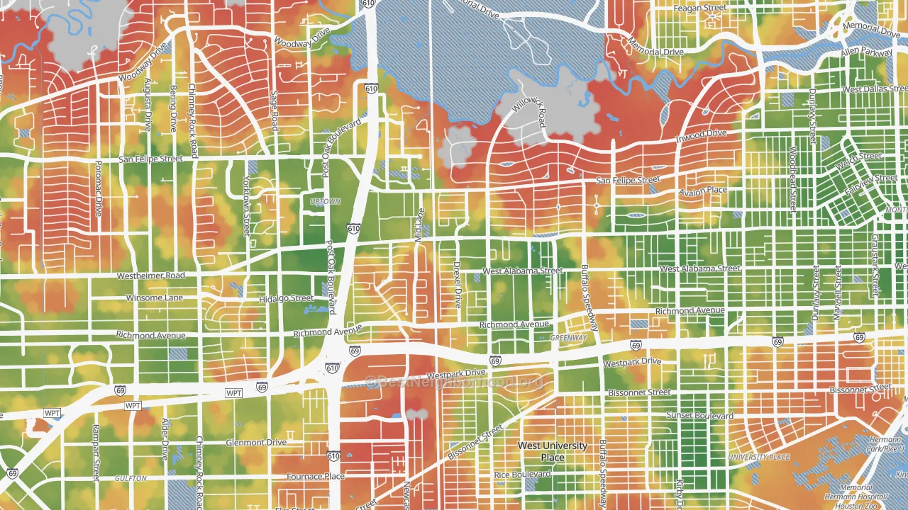 Walk Grade map of 77027, TX, walkable areas in green and car-dependent areas in red