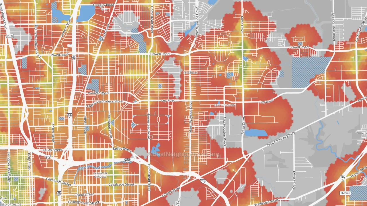 Walk Grade map of 77028, TX, walkable areas in green and car-dependent areas in red