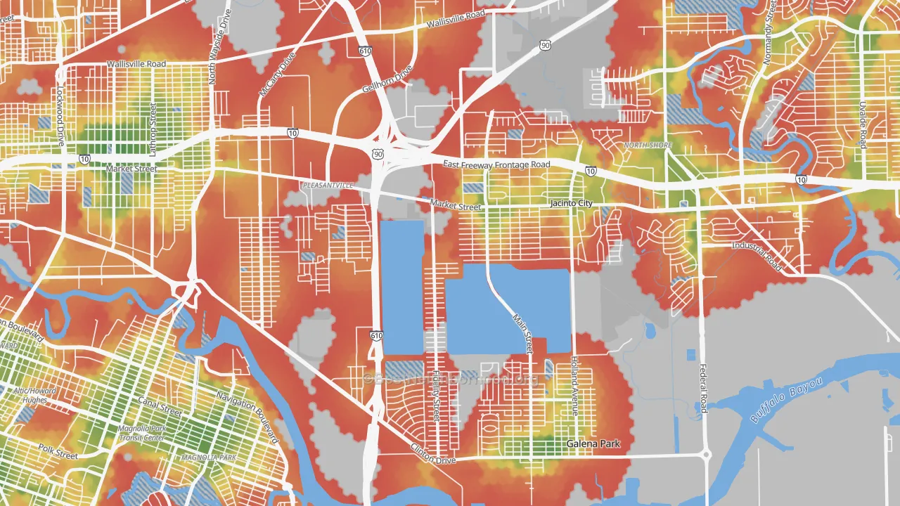 Walk Grade map of 77029, TX, walkable areas in green and car-dependent areas in red
