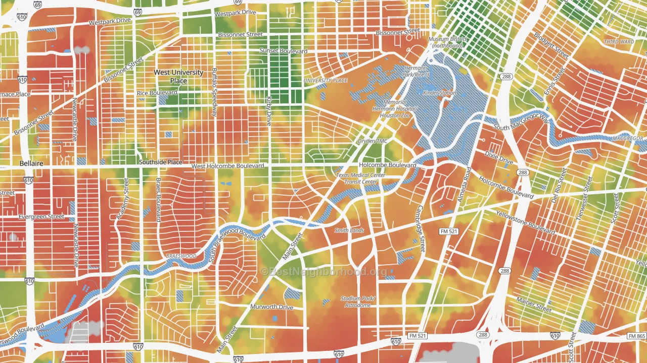 Walk Grade map of 77030, TX, walkable areas in green and car-dependent areas in red