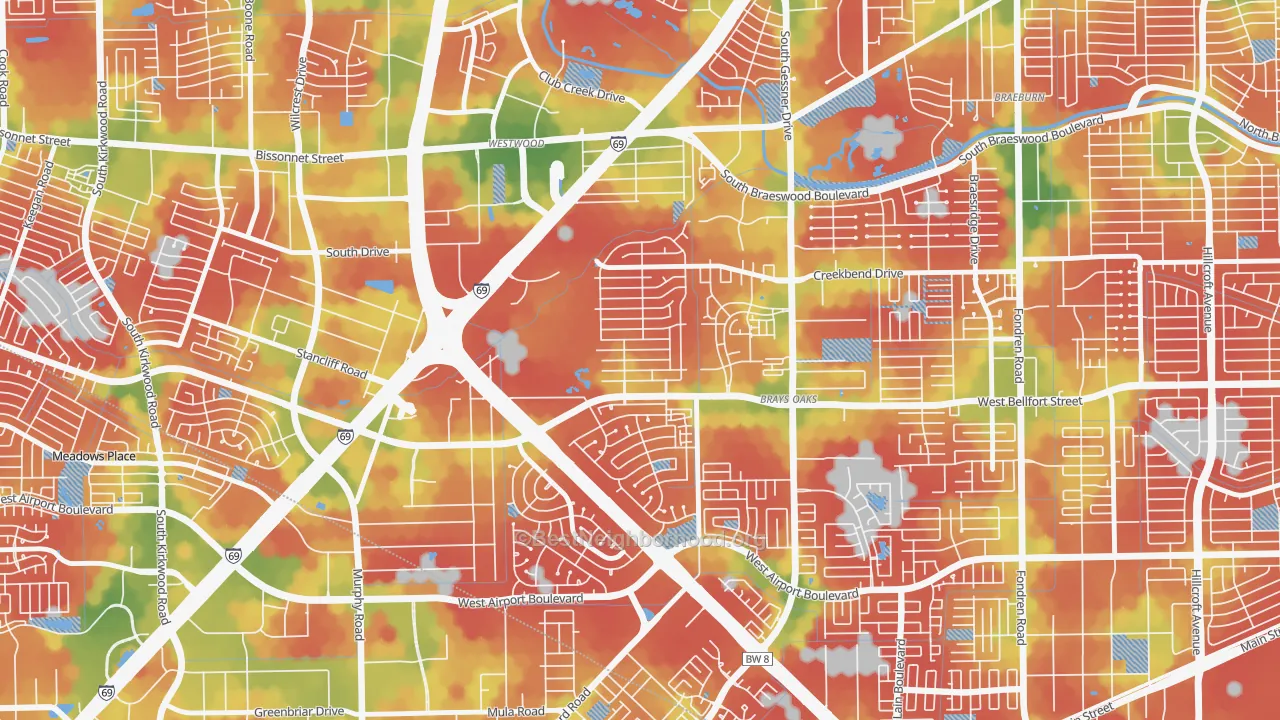 Walk Grade map of 77031, TX, walkable areas in green and car-dependent areas in red
