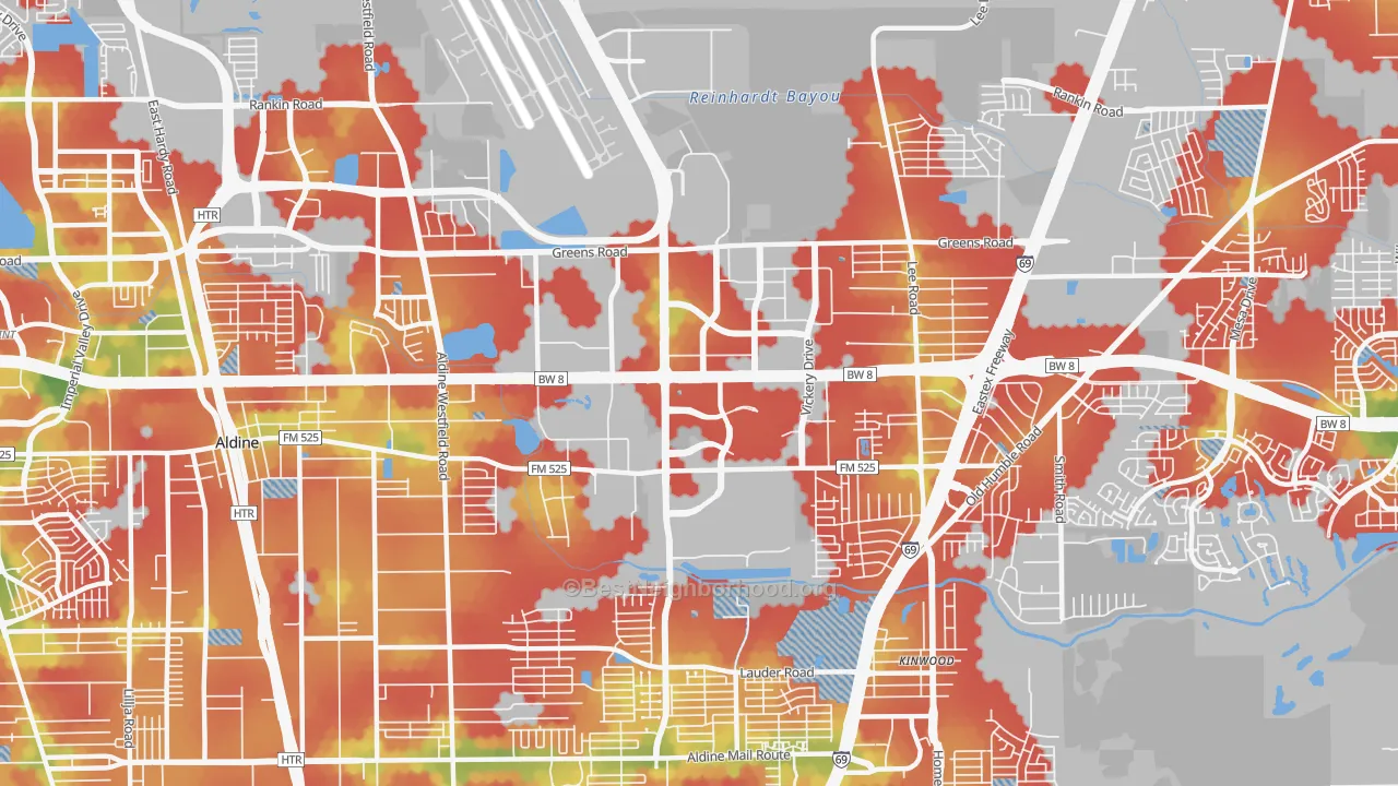 Walk Grade map of 77032, TX, walkable areas in green and car-dependent areas in red