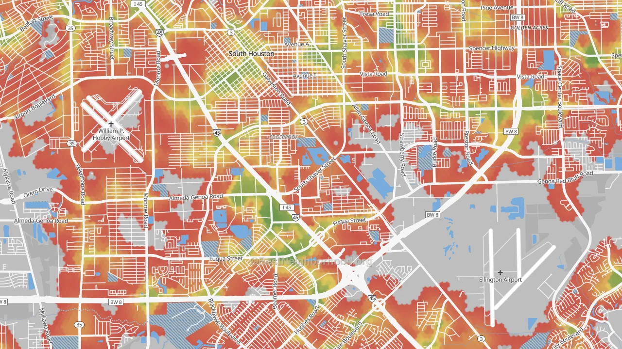 Walk Grade map of 77034, TX, walkable areas in green and car-dependent areas in red